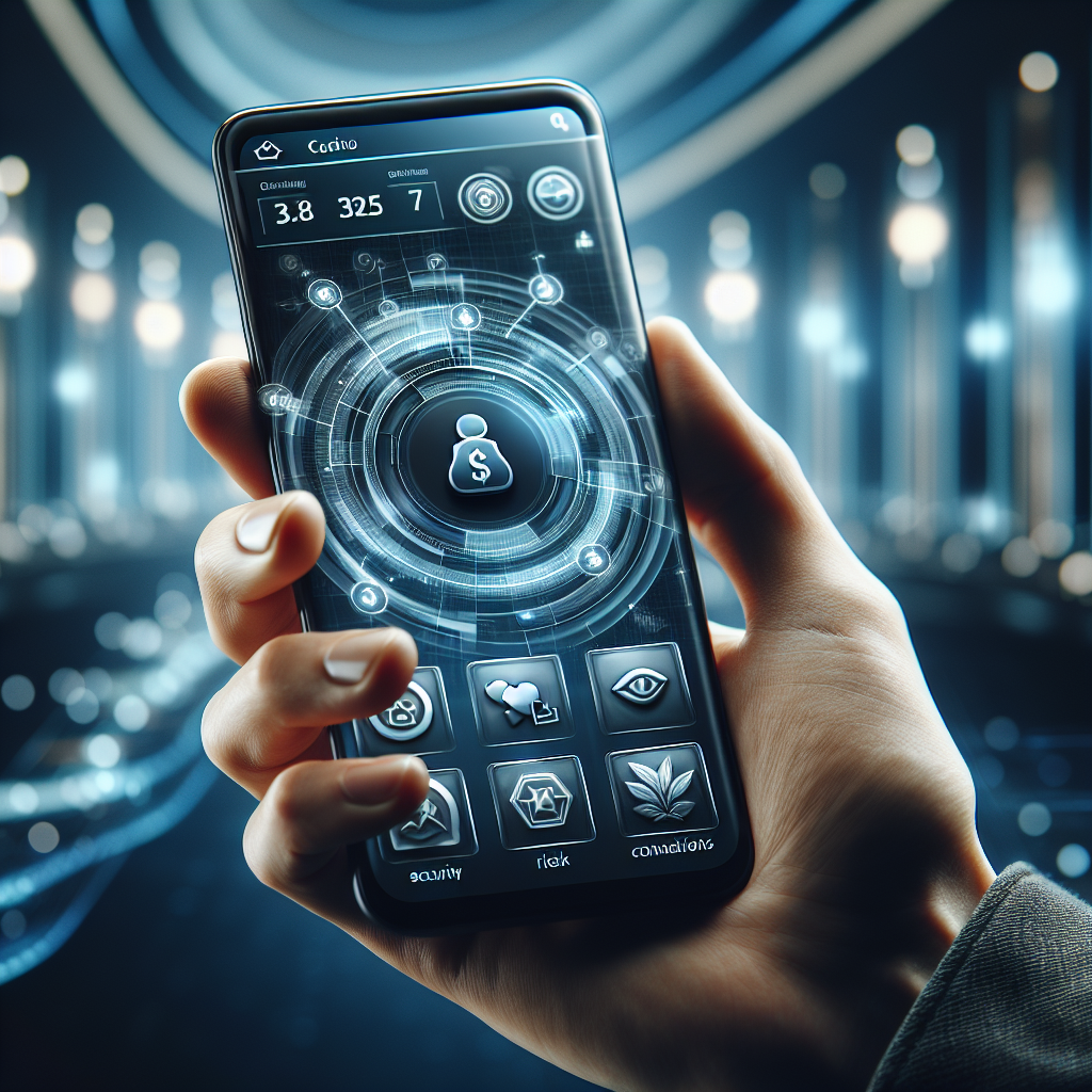 Nærbilde av en hånd som holder en moderne smarttelefon med et stilrent mobilcasino-grensesnitt på skjermen, dempet bakgrunn, fokus på sikkerhetsikoner og rask tilkobling