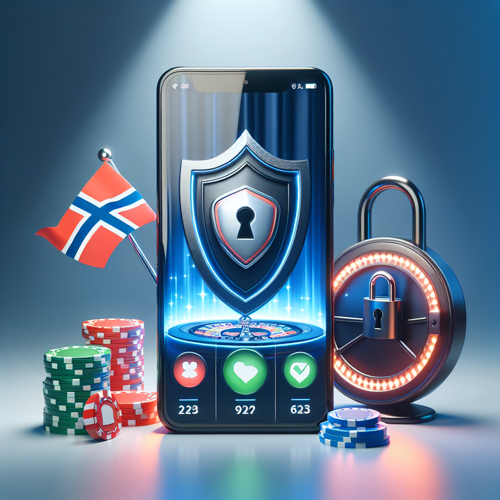 Moderne mobiltelefon med et åpent casinospill på skjermen, symboler for sikkerhet som lås og skjold, norsk stil, klart lys og profesjonell design