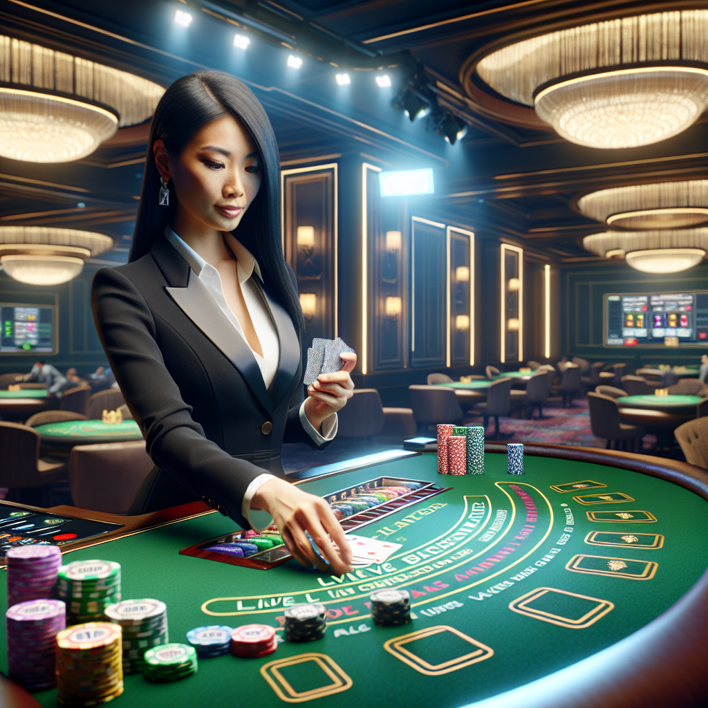 Stilrent, moderne bilde av et live blackjack-bord med en profesjonell dealer, kort, chips og dempet casinobelysning, fokus på autentisk atmosfære og digital streaming