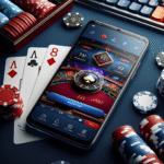 Nærbilde av kortstokker, chips og en smarttelefon som viser et nettcasino, moderne og stilrent, norsk fargepalett