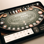 Nærbilde av et digitalt blackjack-bord på en moderne nettcasino-skjerm, nøytrale farger, norsk kontekst, profesjonelt og innbydende