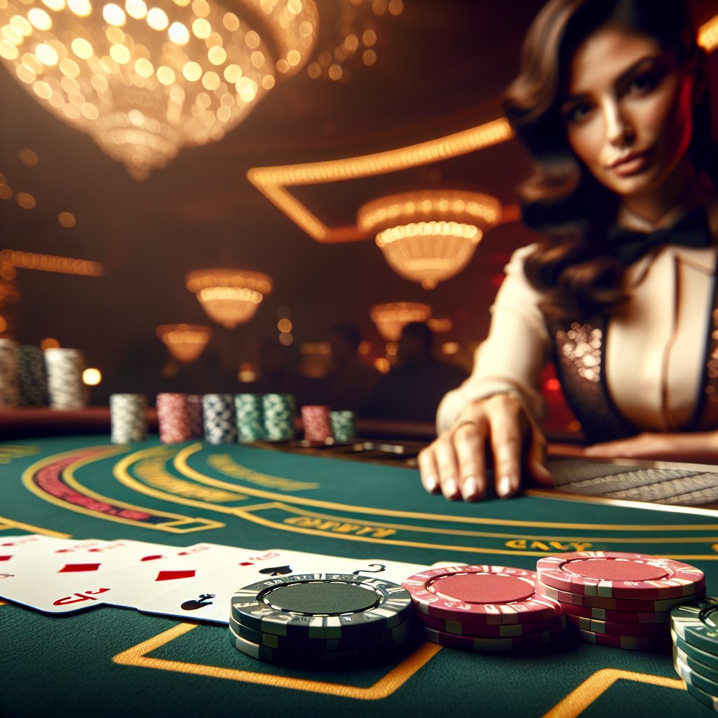 Elegant nærbilde av et Live Baccarat-bord i et nettcasino, med kort, jetonger og en profesjonell live dealer i bakgrunnen, varme farger og moderne grafikk