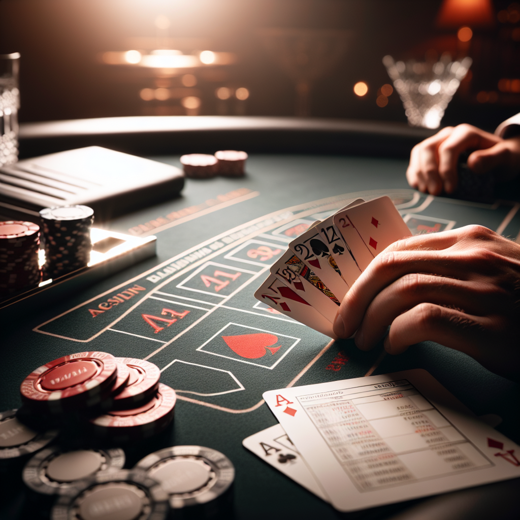 Sofistikert nærbilde av en blackjack-hånd ved et moderne nettcasinobord, med kort, sjekkliste over strategi og dempet, profesjonelt lys