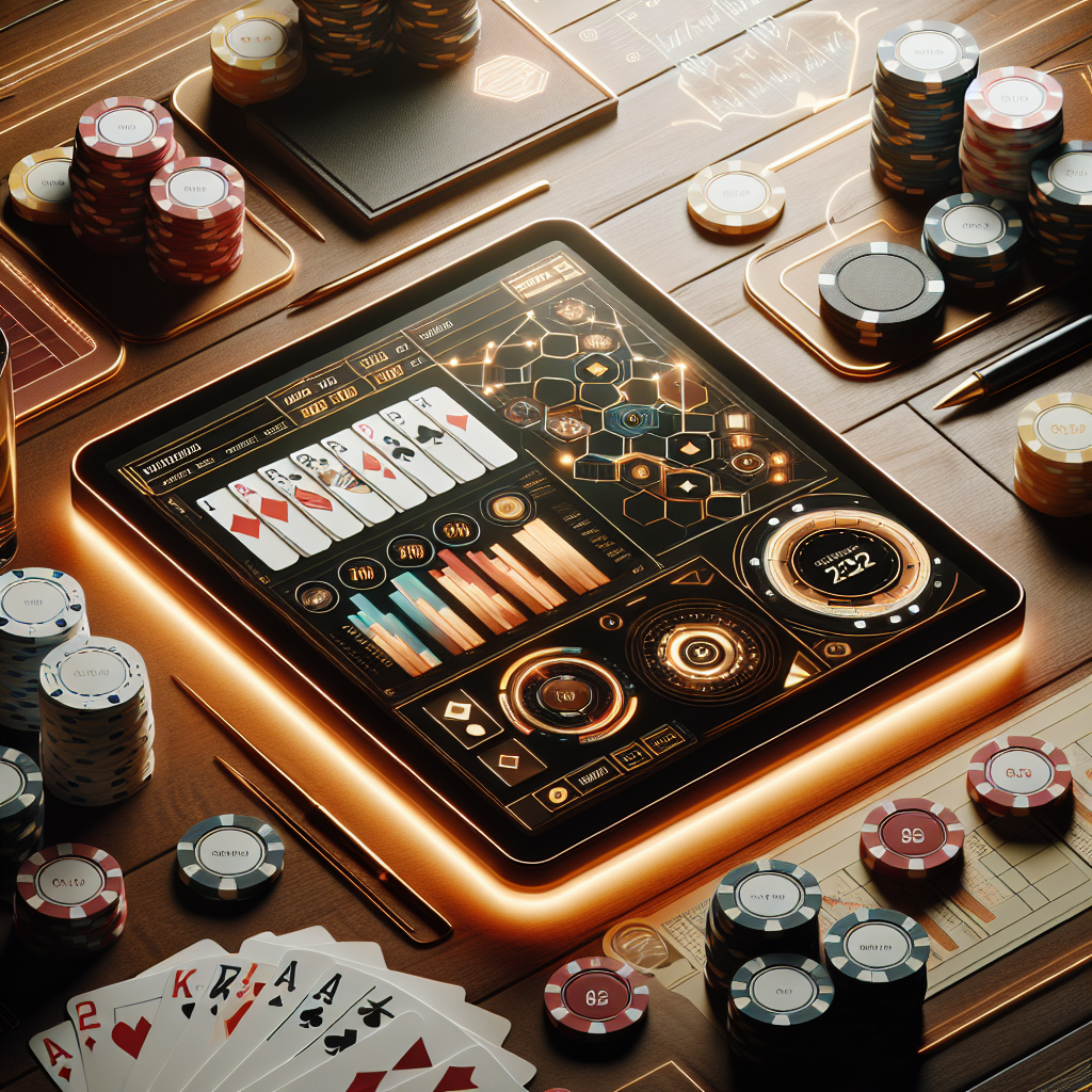 Oversiktlig, moderne casino-scene med kortstokker, pokerchips og en digital skjerm som viser strategidiagrammer, stilisert i varmt lys og nordisk design