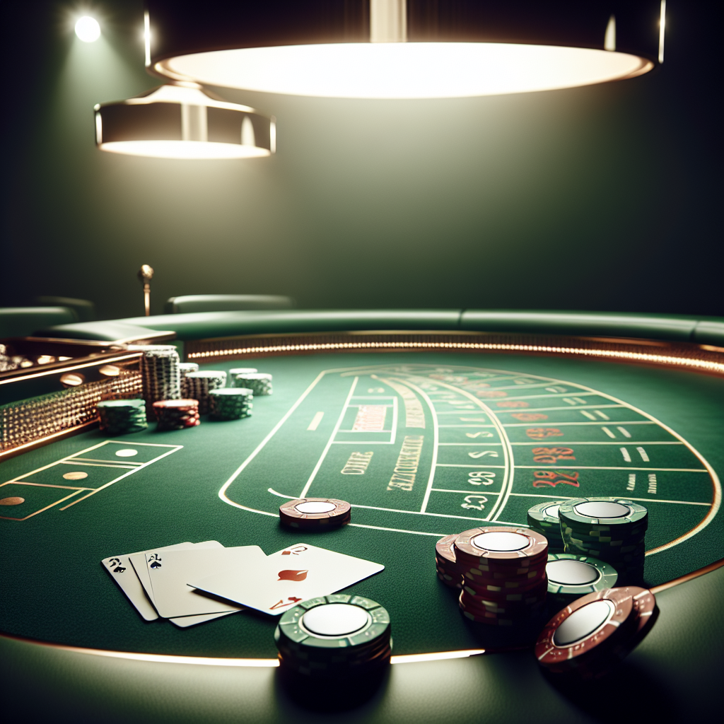 Stilig nærbilde av baccarat-bord i et moderne nettcasino: grønnt filttrekk, kort og jetonger med dempet elegant belysning