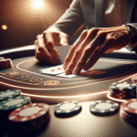 Nærbilde av hender som spiller kort over et moderne digitale casinobord, myk belysning, fokus på kort og chips, stilisert, profesjonell og ansvarlig atmosfære