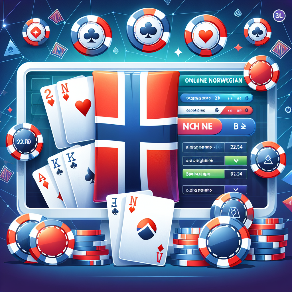 Illustrasjon av norske kortspill på nett: et moderne nettcasino-grensesnitt med kortstokker, chips og norske flaggfarger, rent og tilgjengelig design